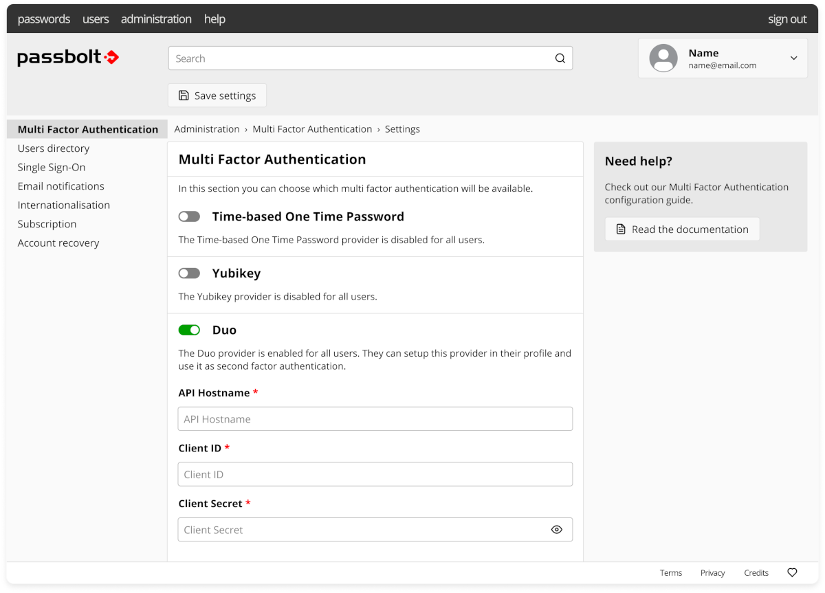 Enable Duo in administration settings