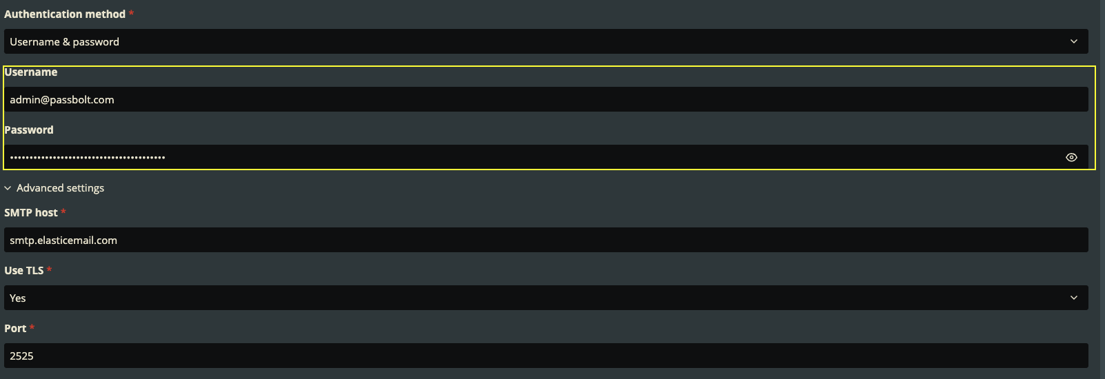Elastic Email - SMTP Credentials Panel