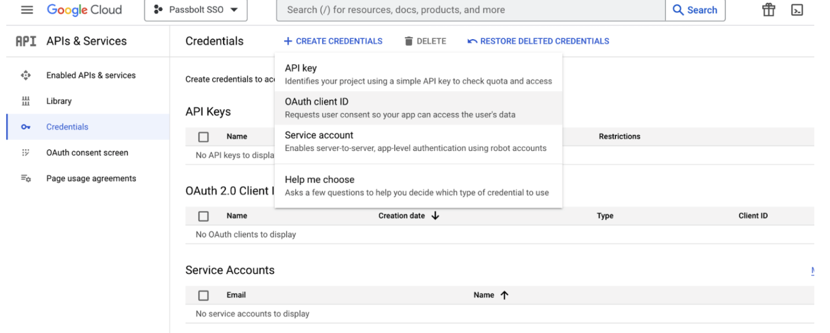 Google API Console - Create Credentials