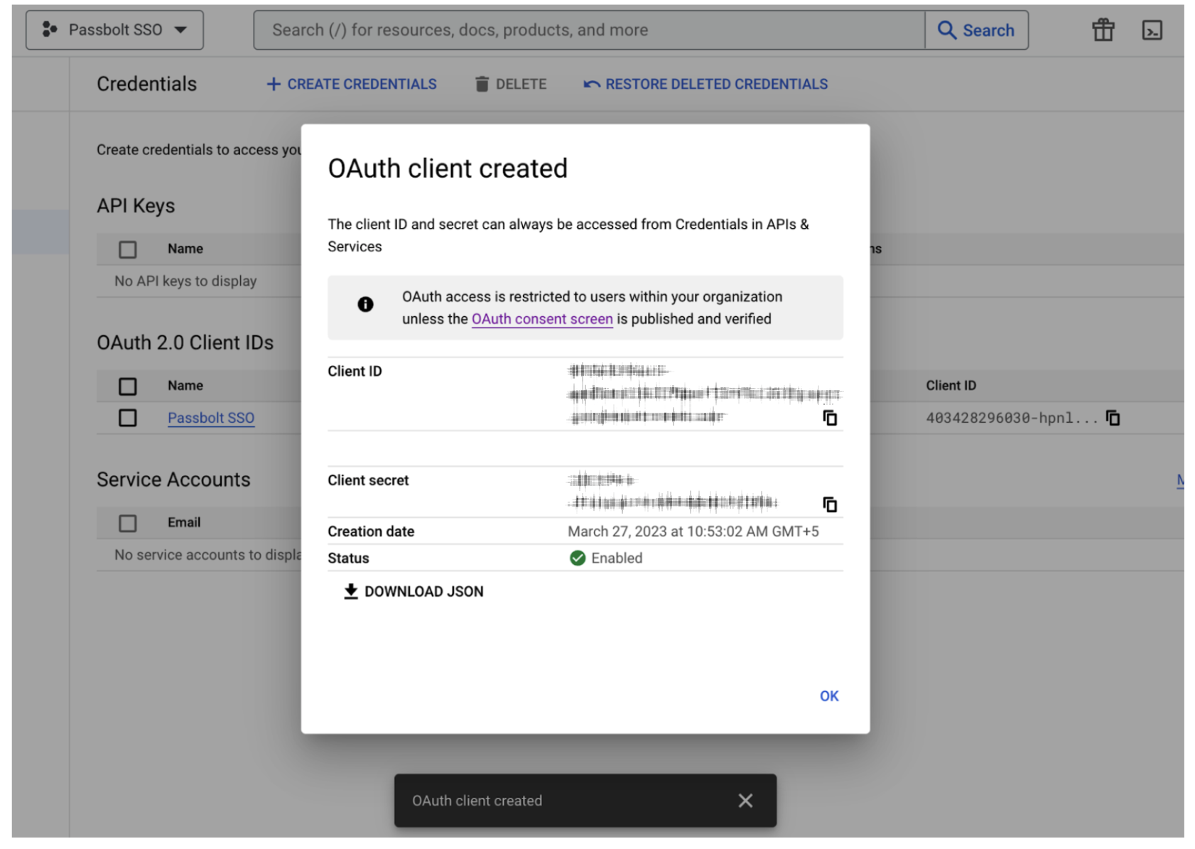 Google API Console - Credentials Created