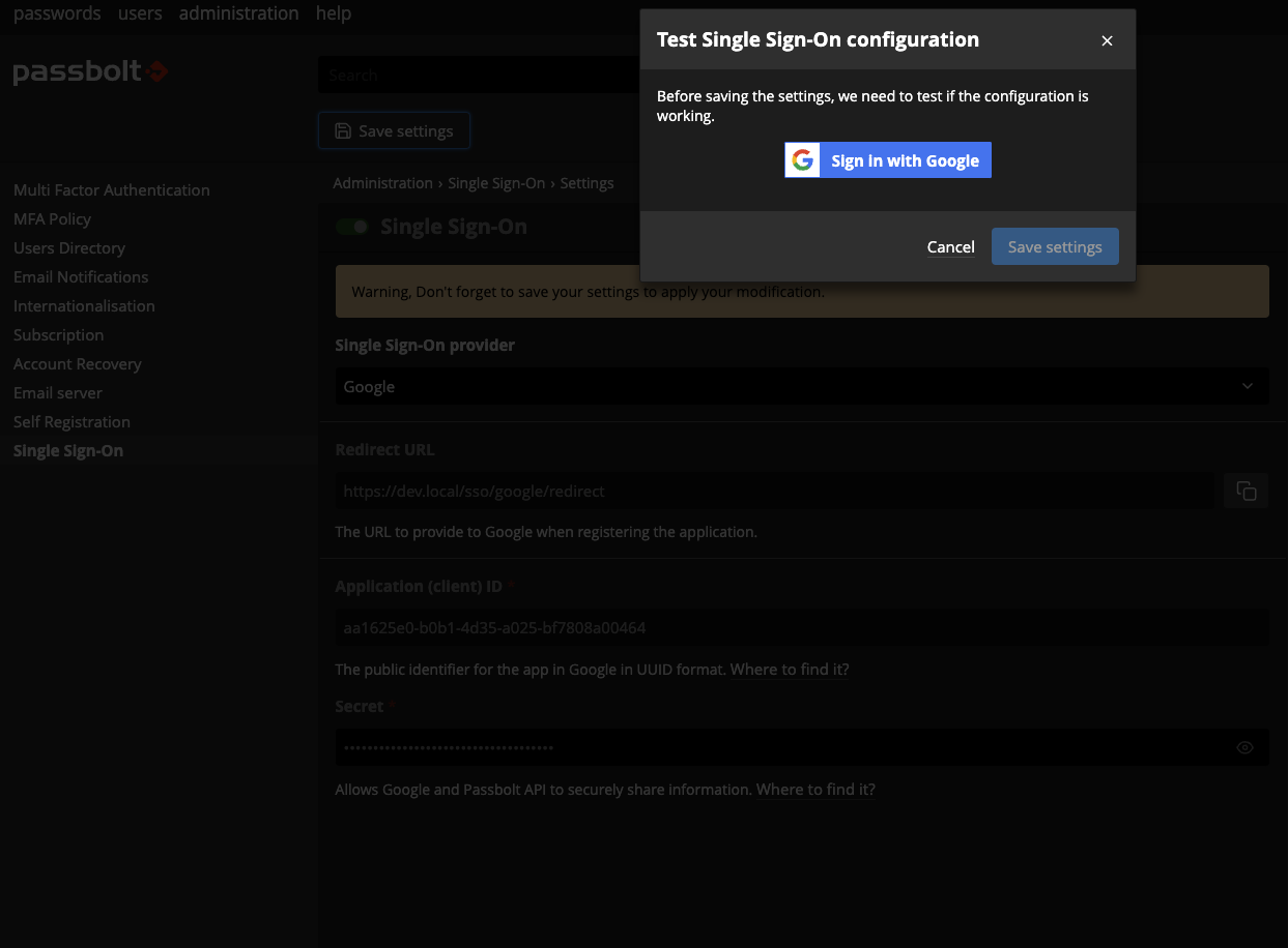 Passbolt GUI - Google SSO Test Settings