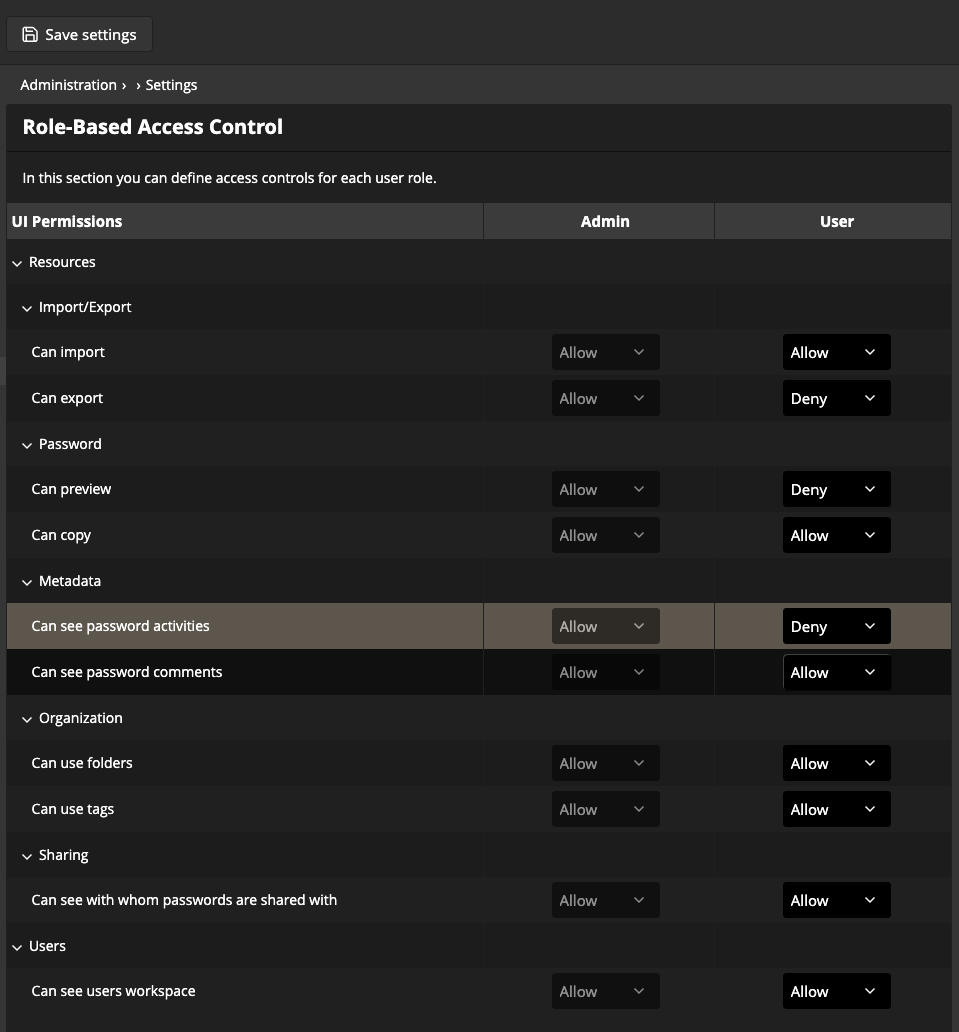 RBAC administration settings save changes