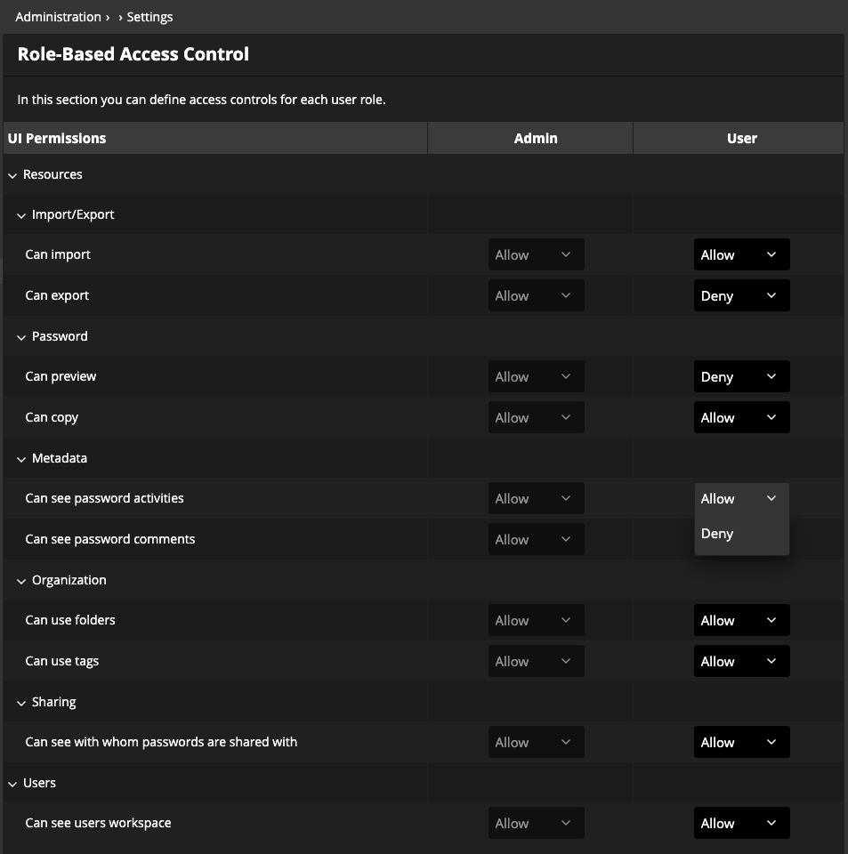 RBAC administration settings select permission