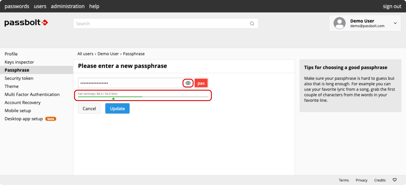 Update passphrase - step 3