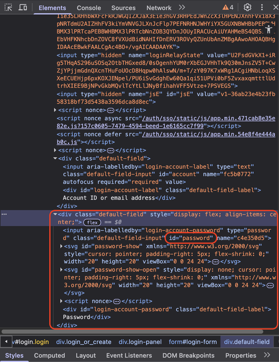Inspect the password field