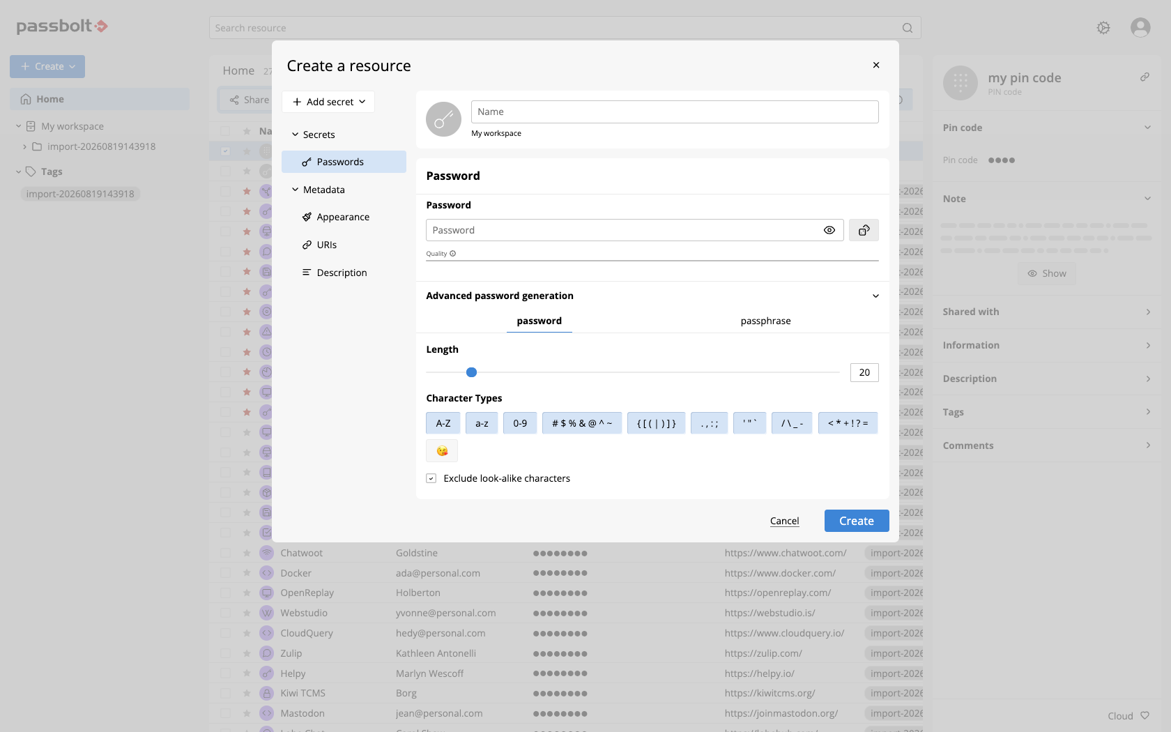 Advanced password generation, password tab